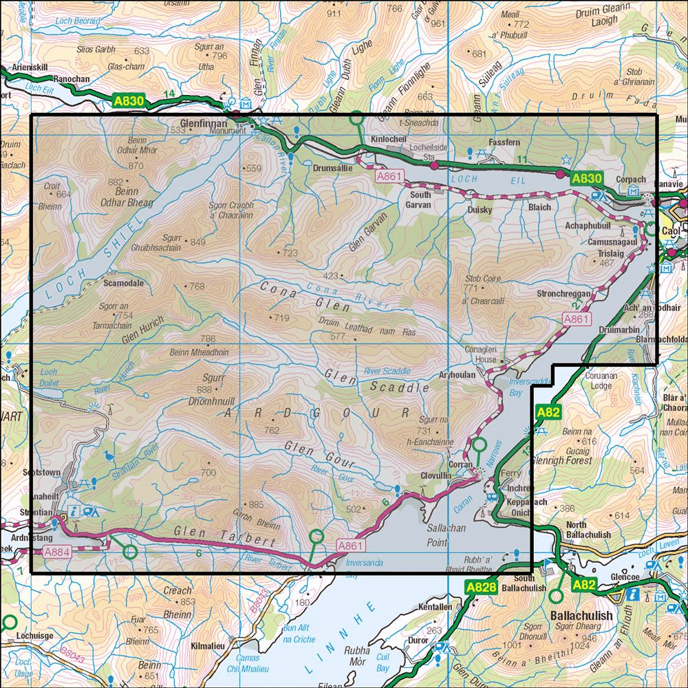 Outdoor Map Navigator image showing the area of the 1:25,000 scale Ordnance Survey Explorer map 391 Ardgour