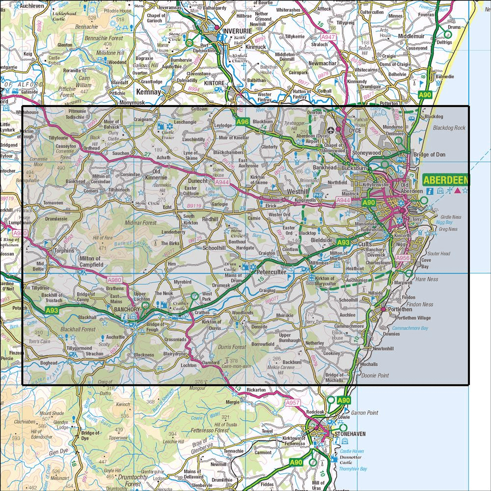 Outdoor Map Navigator image showing the area of the 1:25,000 scale Ordnance Survey Explorer map 406 Aberdeen & Banchory