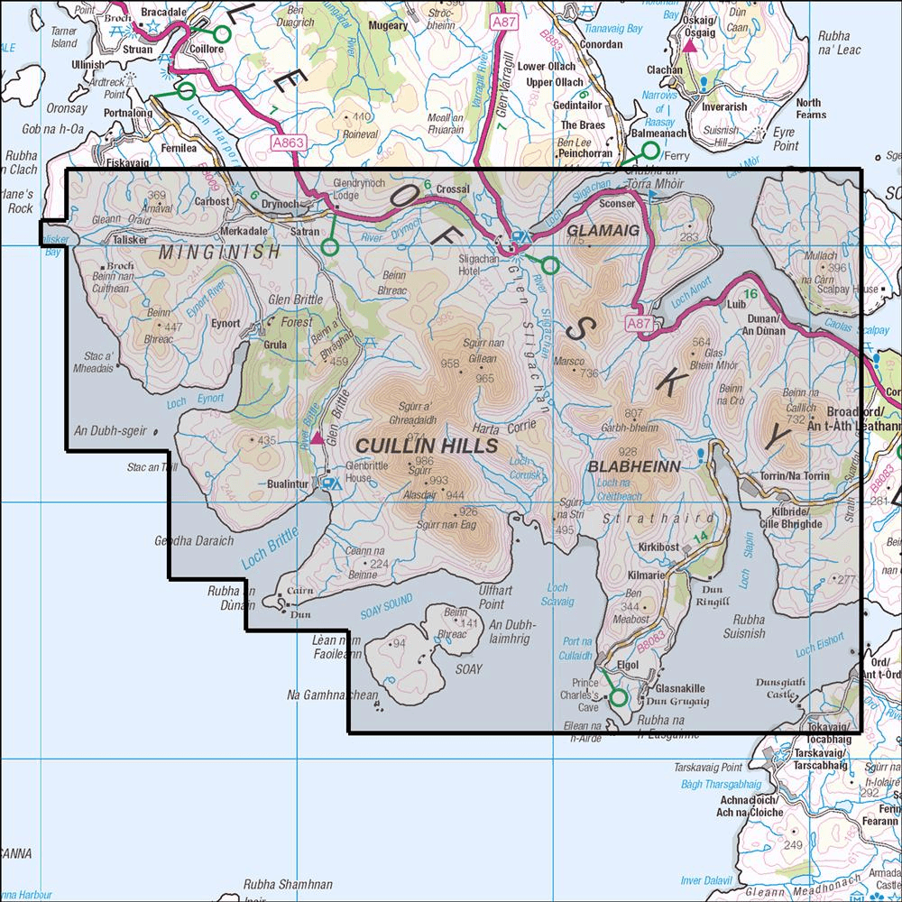Outdoor Map Navigator image showing the area of the 1:25,000 scale Ordnance Survey Explorer map 411 Skye - Cuillin Hills