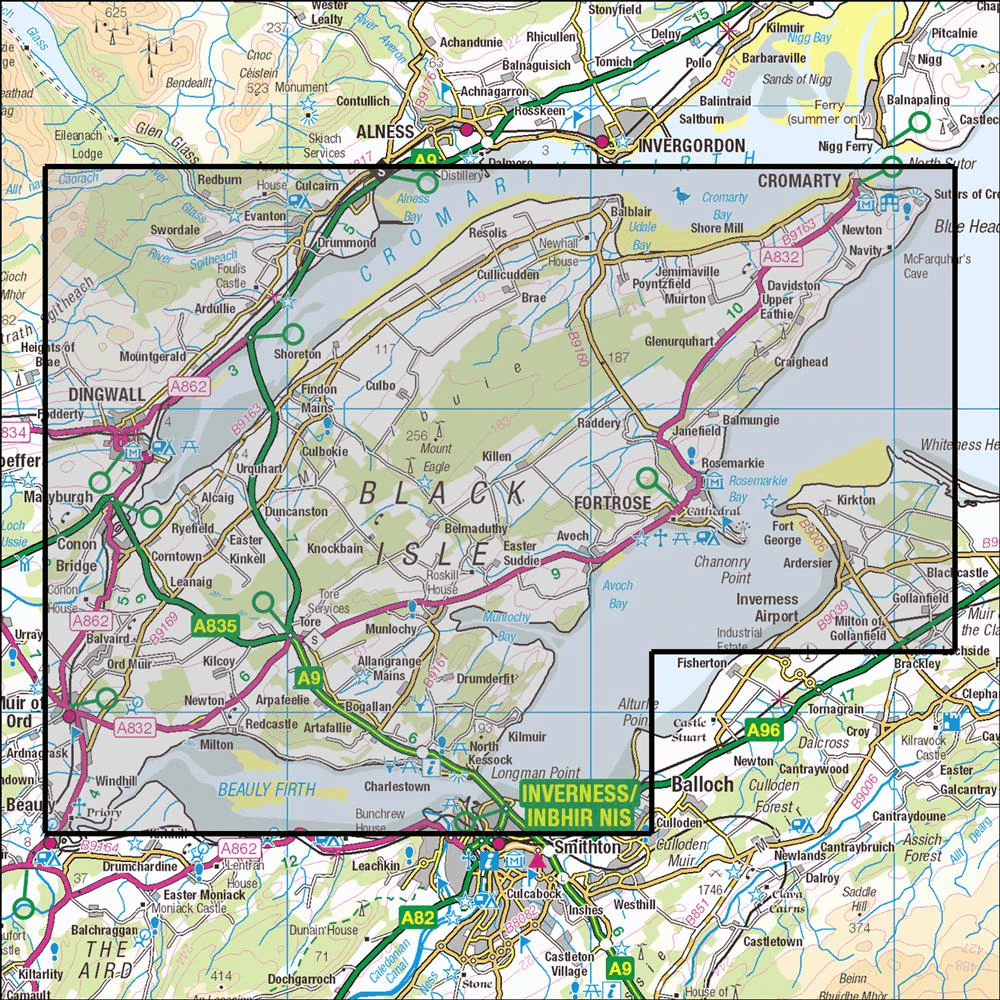 Outdoor Map Navigator image showing the area of the 1:25,000 scale Ordnance Survey Explorer map 432 Black Isle