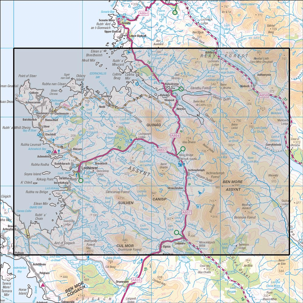 Outdoor Map Navigator image showing the area of the 1:25,000 scale Ordnance Survey Explorer map 442 Assynt & Lochinver