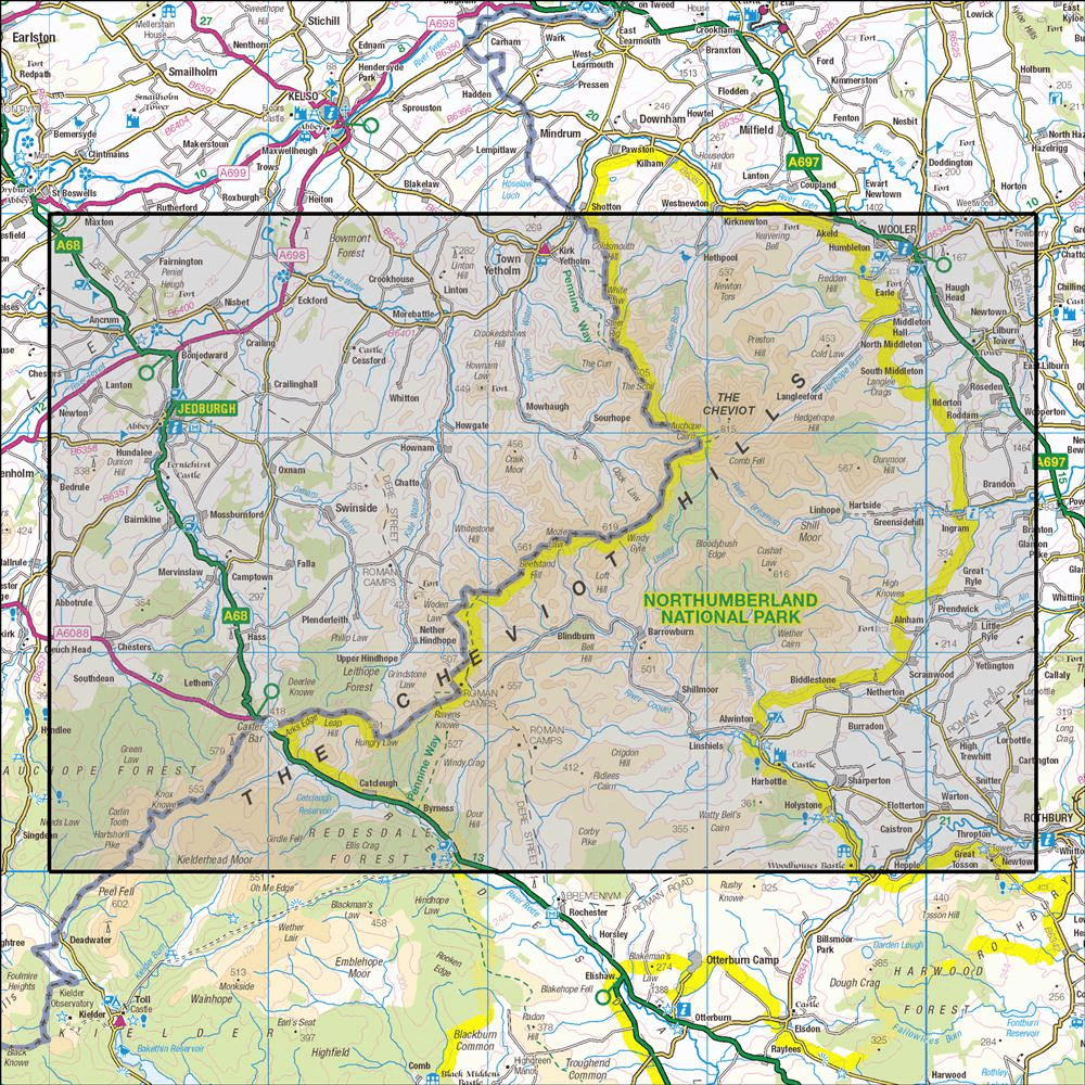 Outdoor Map Navigator image showing the area of the 1:25,000 scale Ordnance Survey Explorer map OL16 The Cheviot Hills