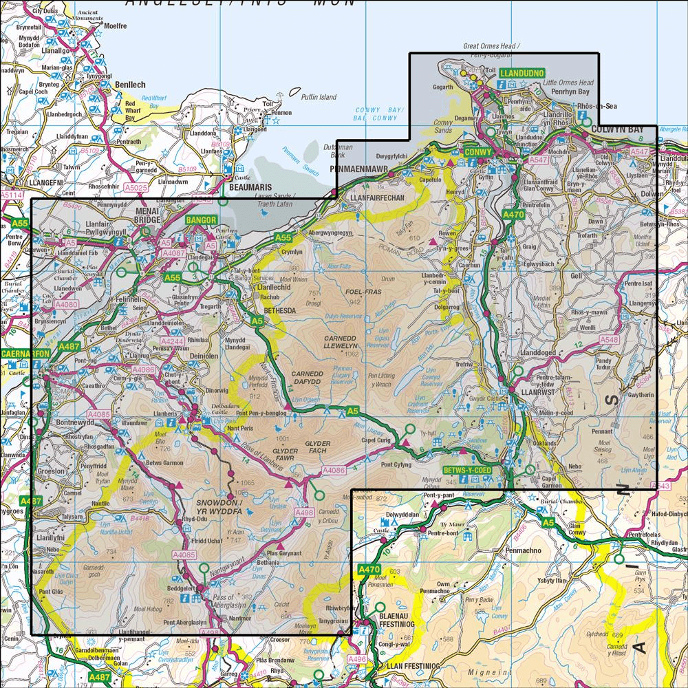 Outdoor Map Navigator image showing the area of the 1:25,000 scale Ordnance Survey Explorer map OL17 Snowdon