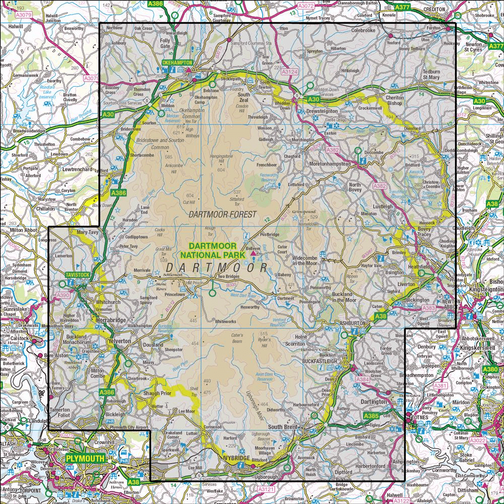 Outdoor Map Navigator image showing the area of the 1:25,000 scale Ordnance Survey Explorer map OL28 Dartmoor