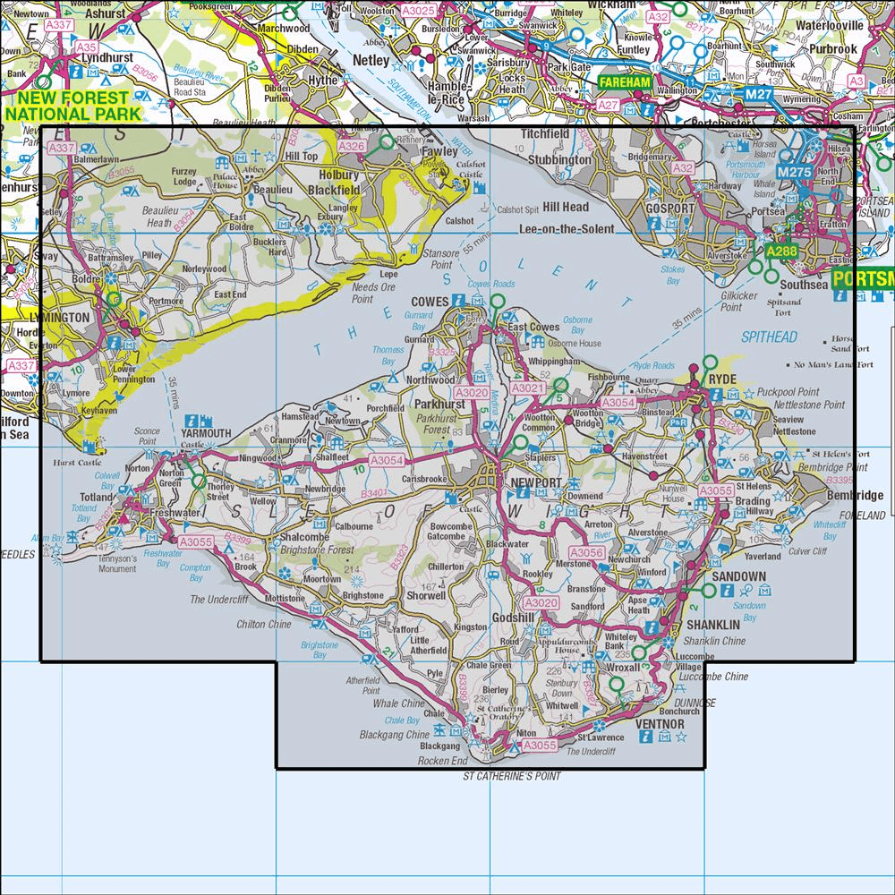 Outdoor Map Navigator image showing the area of the 1:25,000 scale Ordnance Survey Explorer map OL29 Isle of Wight