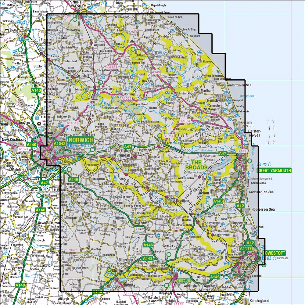 Outdoor Map Navigator image showing the area of the 1:25,000 scale Ordnance Survey Explorer map OL40 The Broads