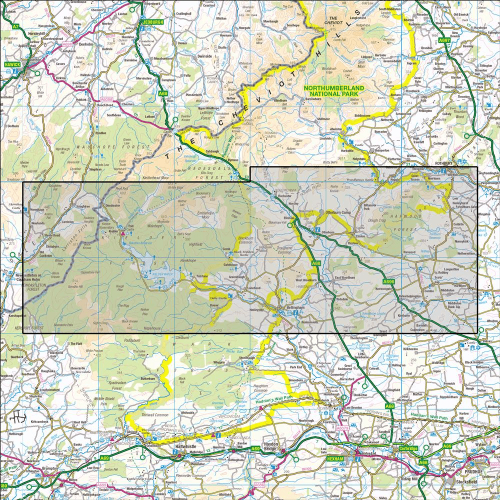 Outdoor Map Navigator image showing the area of the 1:25,000 scale Ordnance Survey Explorer map OL42 Kielder Water
