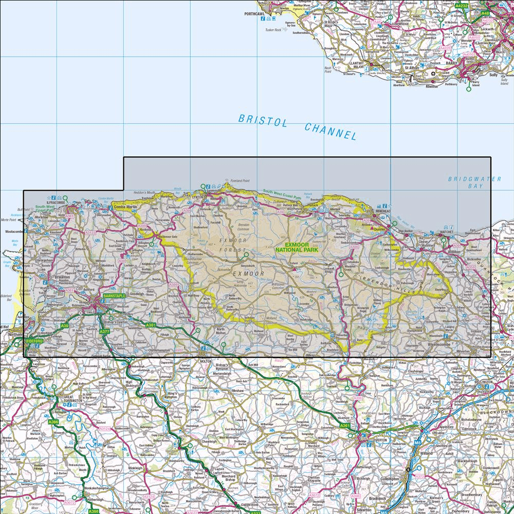 Outdoor Map Navigator image showing the area of the 1:25,000 scale Ordnance Survey Explorer map OL9 Exmoor