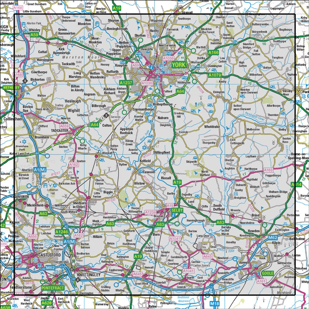 Outdoor Map Navigator image showing the area of the 1:50,000 scale Ordnance Survey Landranger map 105 York & Selby