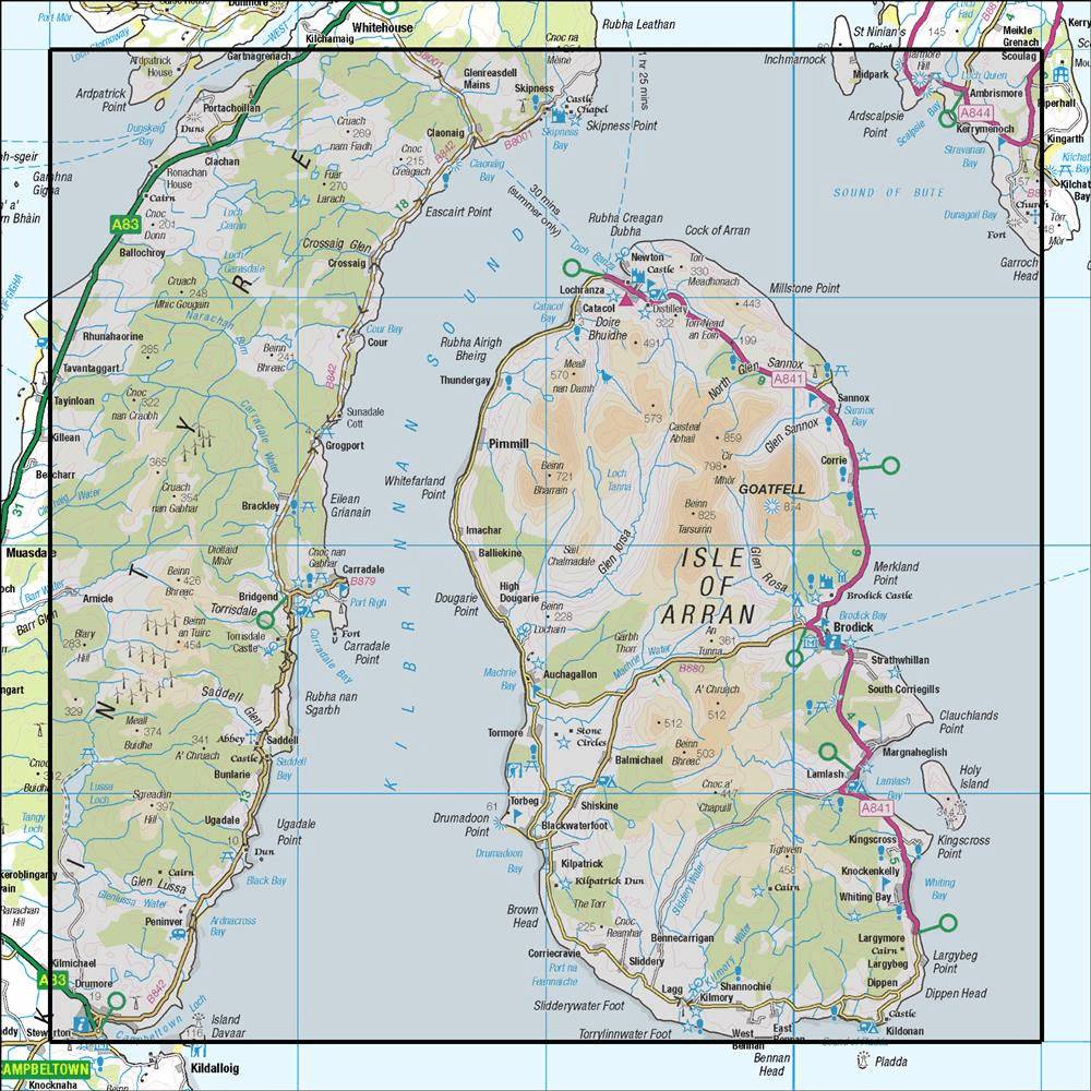Outdoor Map Navigator image showing the area of the 1:50,000 scale Ordnance Survey Landranger map 69 Isle of Arran