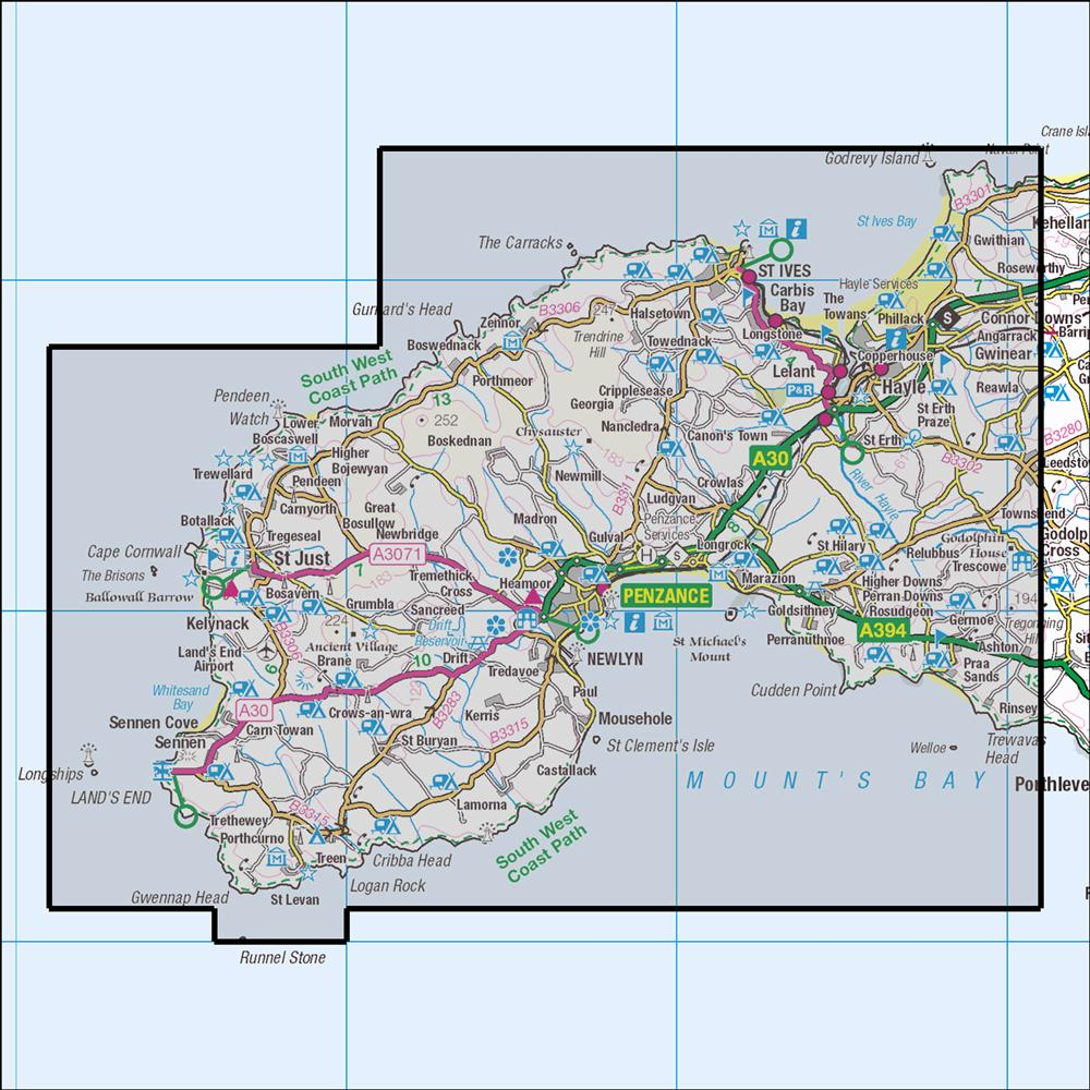 Outdoor Map Navigator image showing the area of the 1:25,000 scale Ordnance Survey Explorer map 102 Lands End