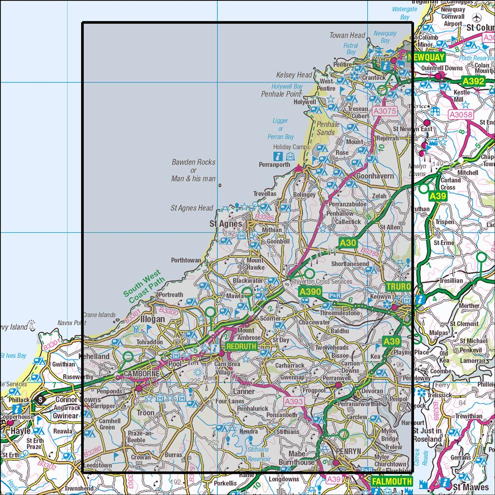 Outdoor Map Navigator image showing the area of the 1:25,000 scale Ordnance Survey Explorer map 104 Redruth & St Agnes