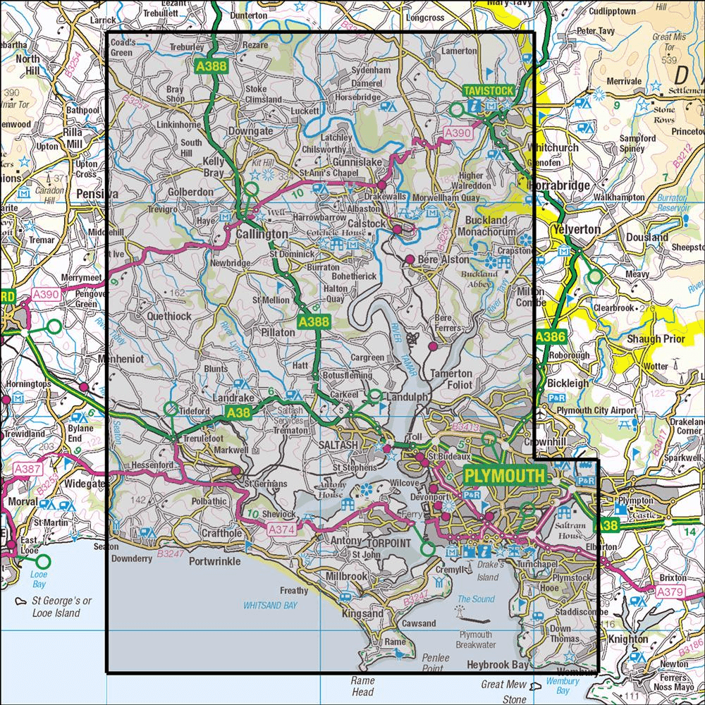Outdoor Map Navigator image showing the area of the 1:25,000 scale Ordnance Survey Explorer map 108 Lower Tamar Valley & Plymouth
