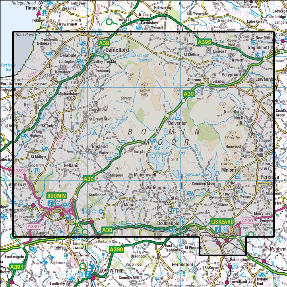 Outdoor Map Navigator image showing the area of the 1:25,000 scale Ordnance Survey Explorer map 109 Bodmin Moor