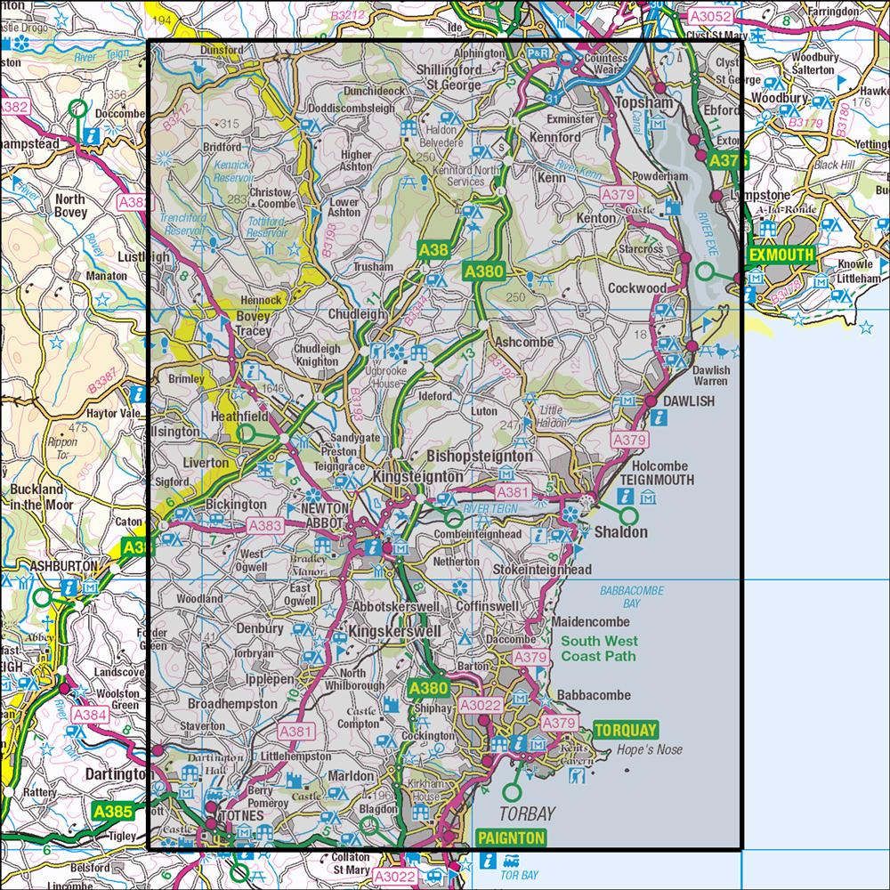 Outdoor Map Navigator image showing the area of the 1:25,000 scale Ordnance Survey Explorer map 110 Torquay & Dawlish
