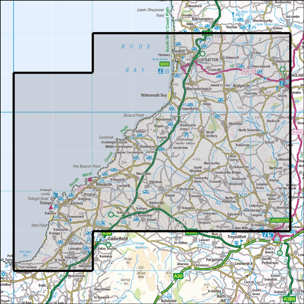 Outdoor Map Navigator image showing the area of the 1:25,000 scale Ordnance Survey Explorer map 111 Bude, Boscastle & Tintagel
