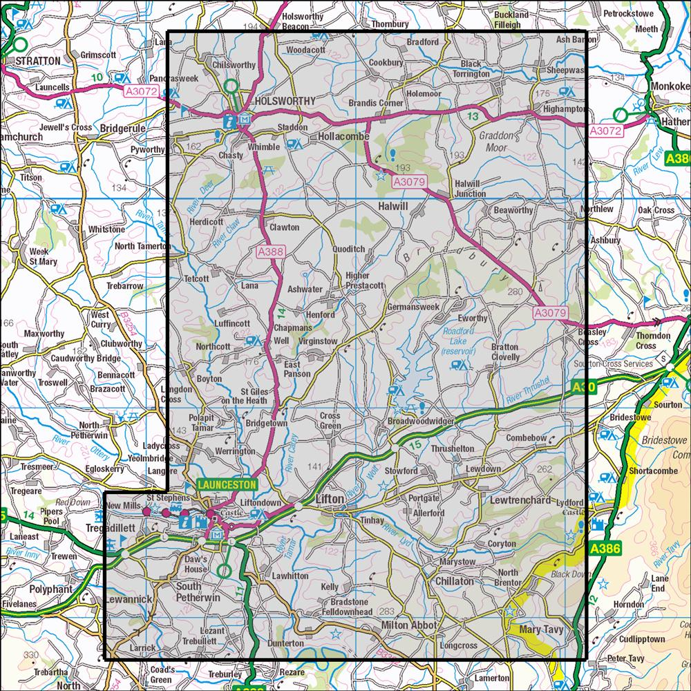 Outdoor Map Navigator image showing the area of the 1:25,000 scale Ordnance Survey Explorer map 112 Launceston & Holsworthy