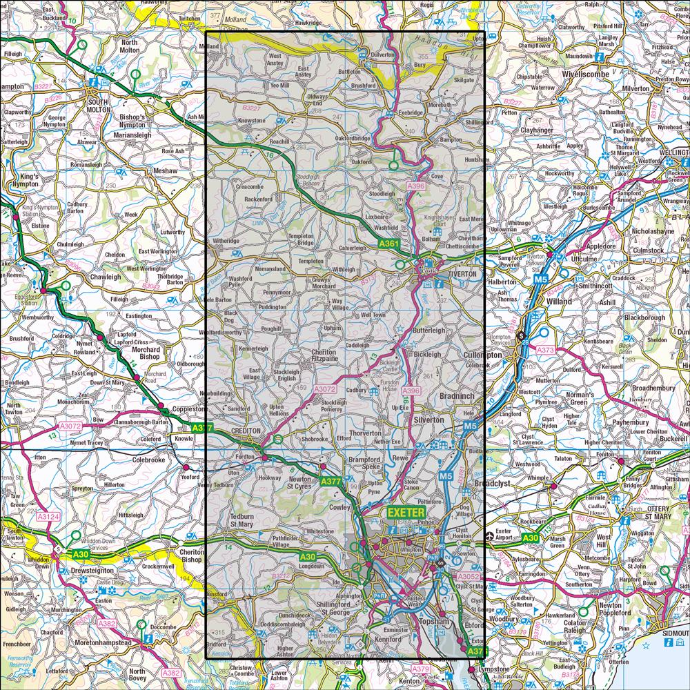 Outdoor Map Navigator image showing the area of the 1:25,000 scale Ordnance Survey Explorer map 114 Exeter & the Exe Valley