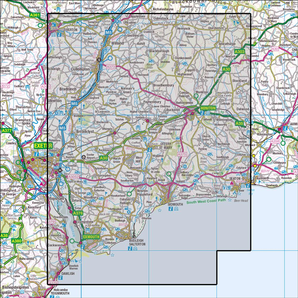 Outdoor Map Navigator image showing the area of the 1:25,000 scale Ordnance Survey Explorer map 115 Exmouth & Sidmouth