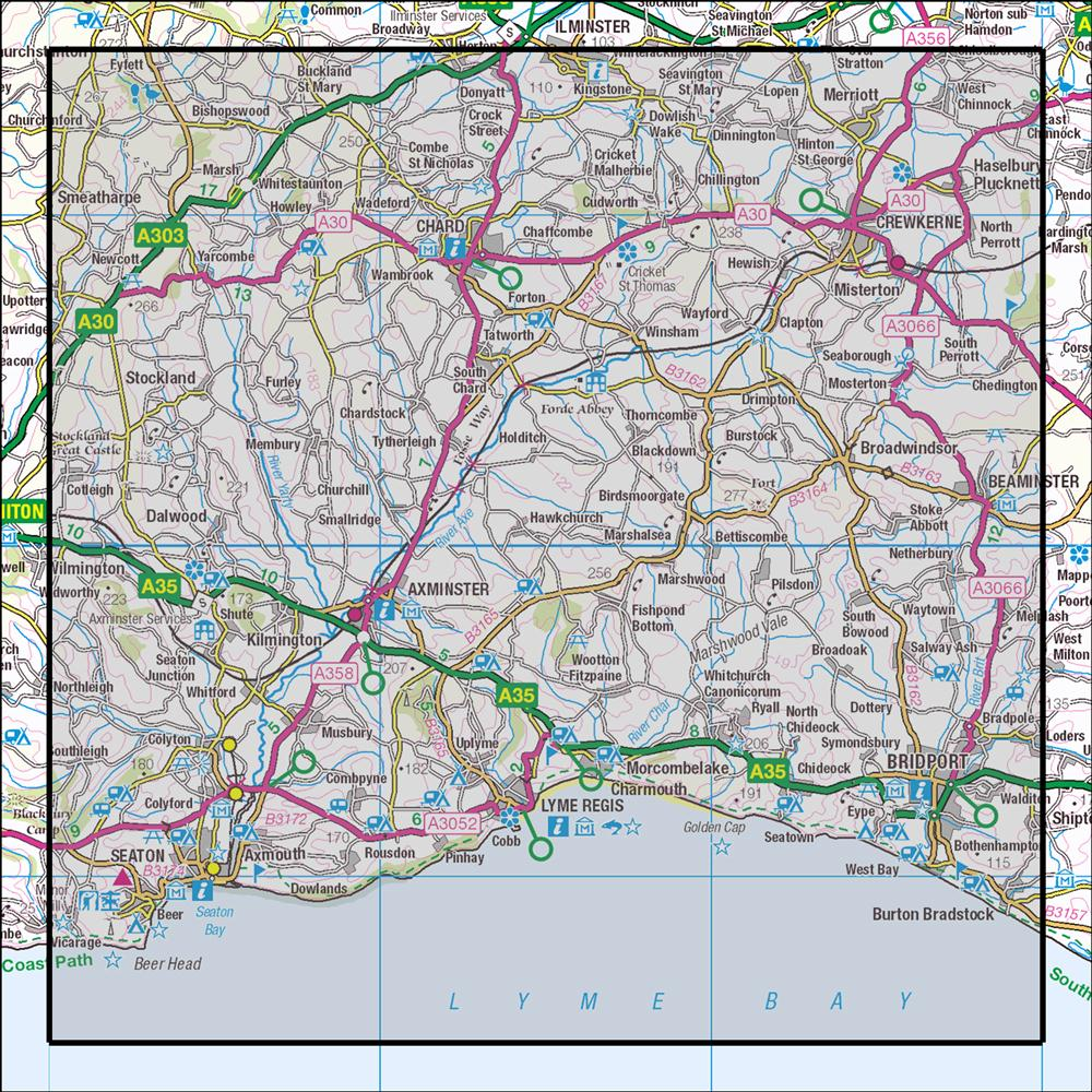 Outdoor Map Navigator image showing the area of the 1:25,000 scale Ordnance Survey Explorer map 116 Lyme Regis & Bridport