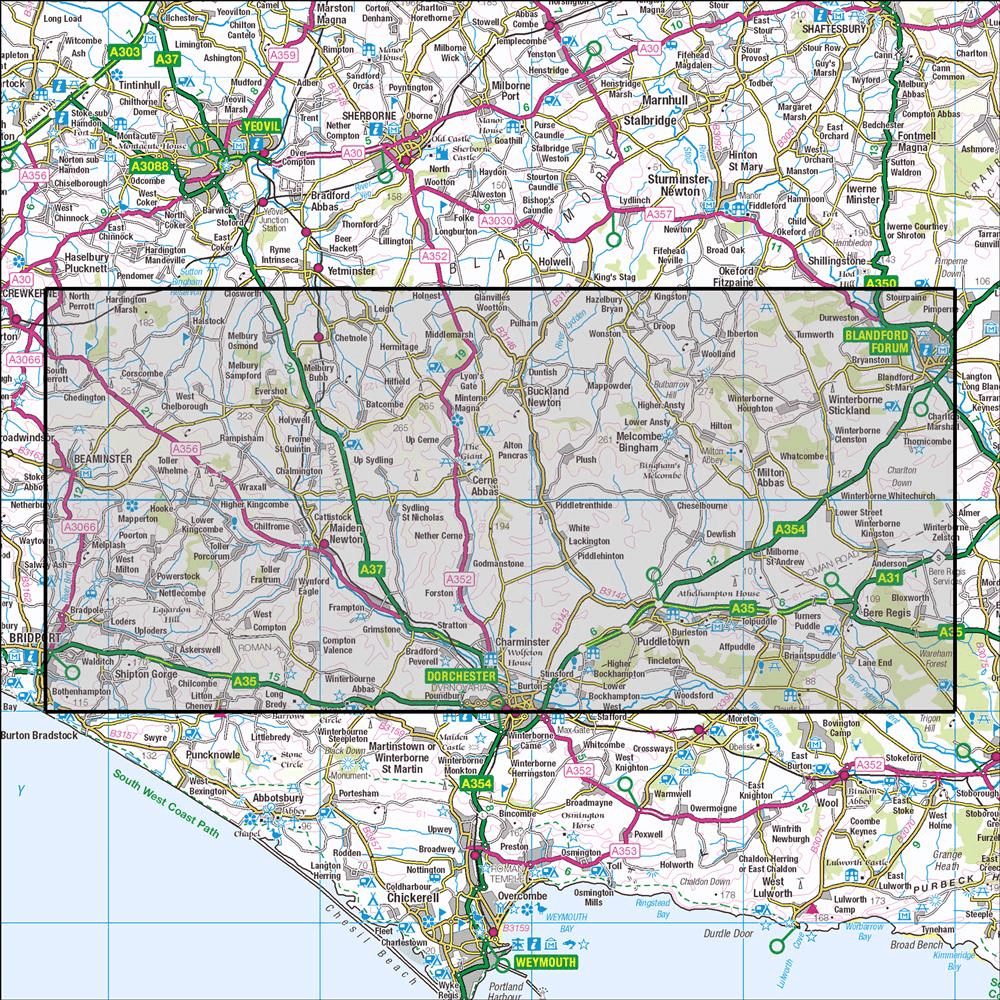 Outdoor Map Navigator image showing the area of the 1:25,000 scale Ordnance Survey Explorer map 117 Cerne Abbas & Bere Regis