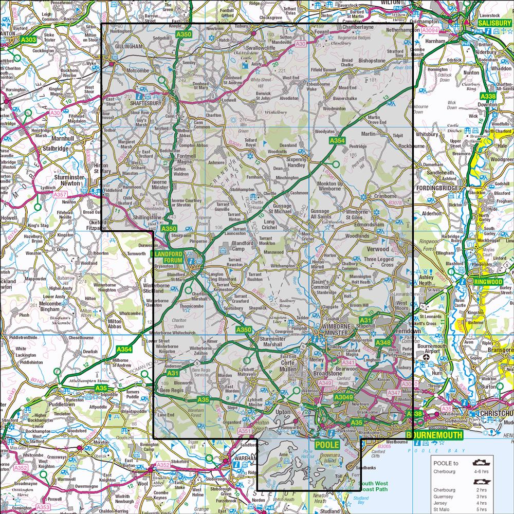 Outdoor Map Navigator image showing the area of the 1:25,000 scale Ordnance Survey Explorer map 118 Shaftesbury & Cranborne Chase