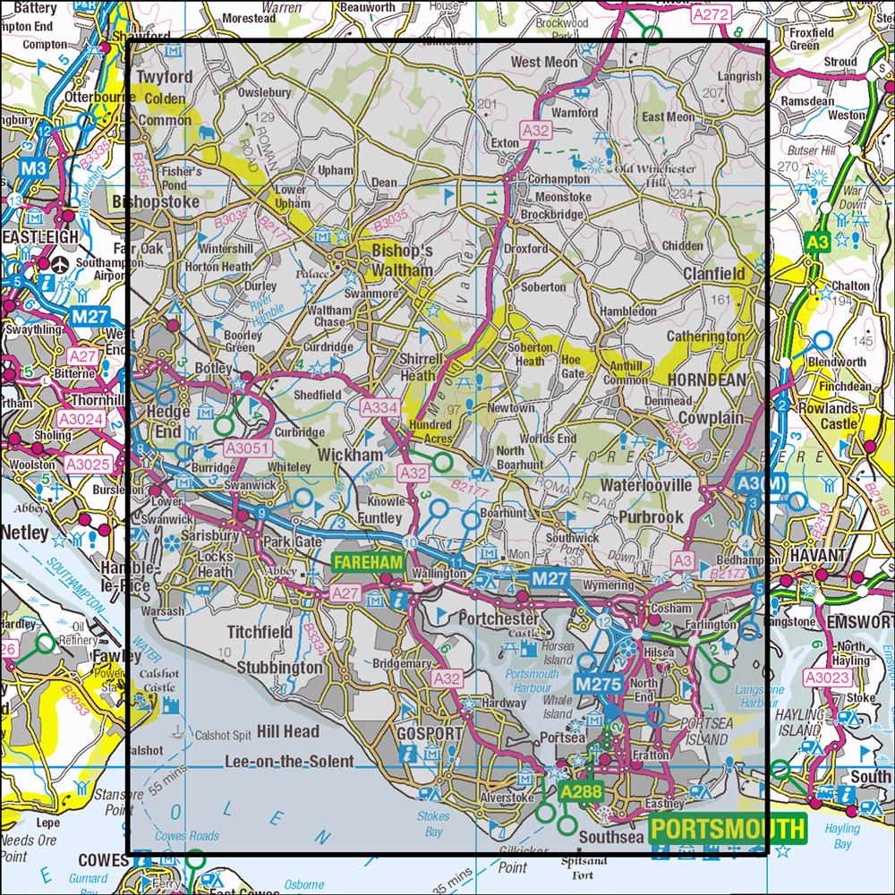 Outdoor Map Navigator image showing the area of the 1:25,000 scale Ordnance Survey Explorer map 119 Meon Valley, Portsmouth, Gosport & Fareham