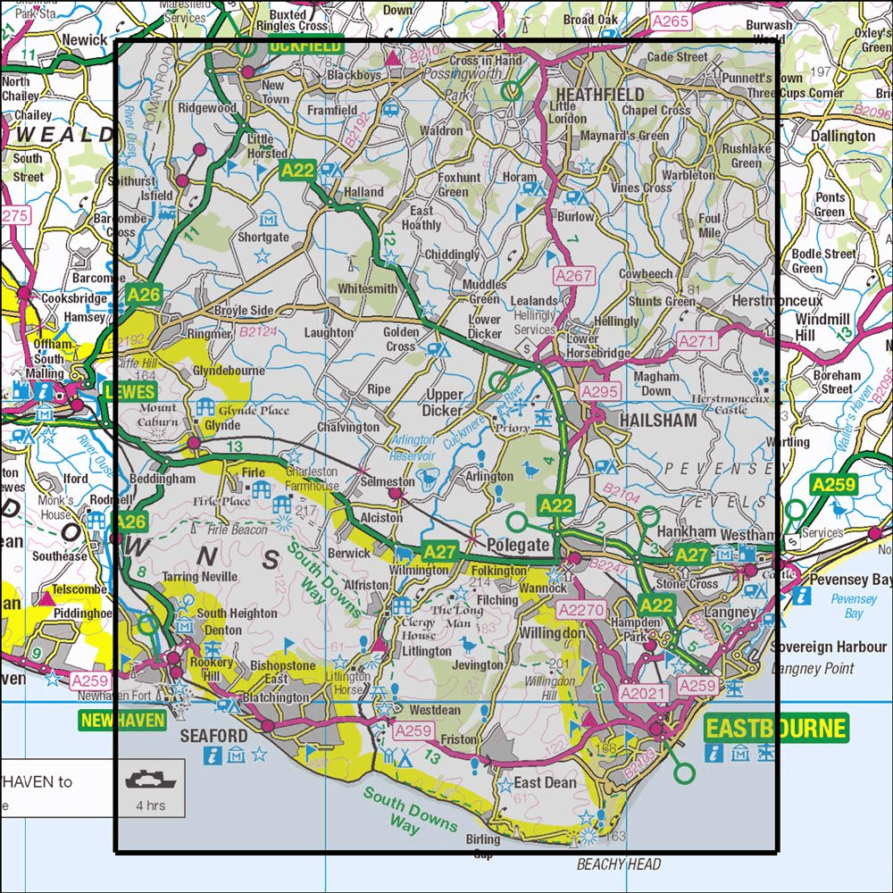 Outdoor Map Navigator image showing the area of the 1:25,000 scale Ordnance Survey Explorer map 123 Eastbourne & Beachy Head