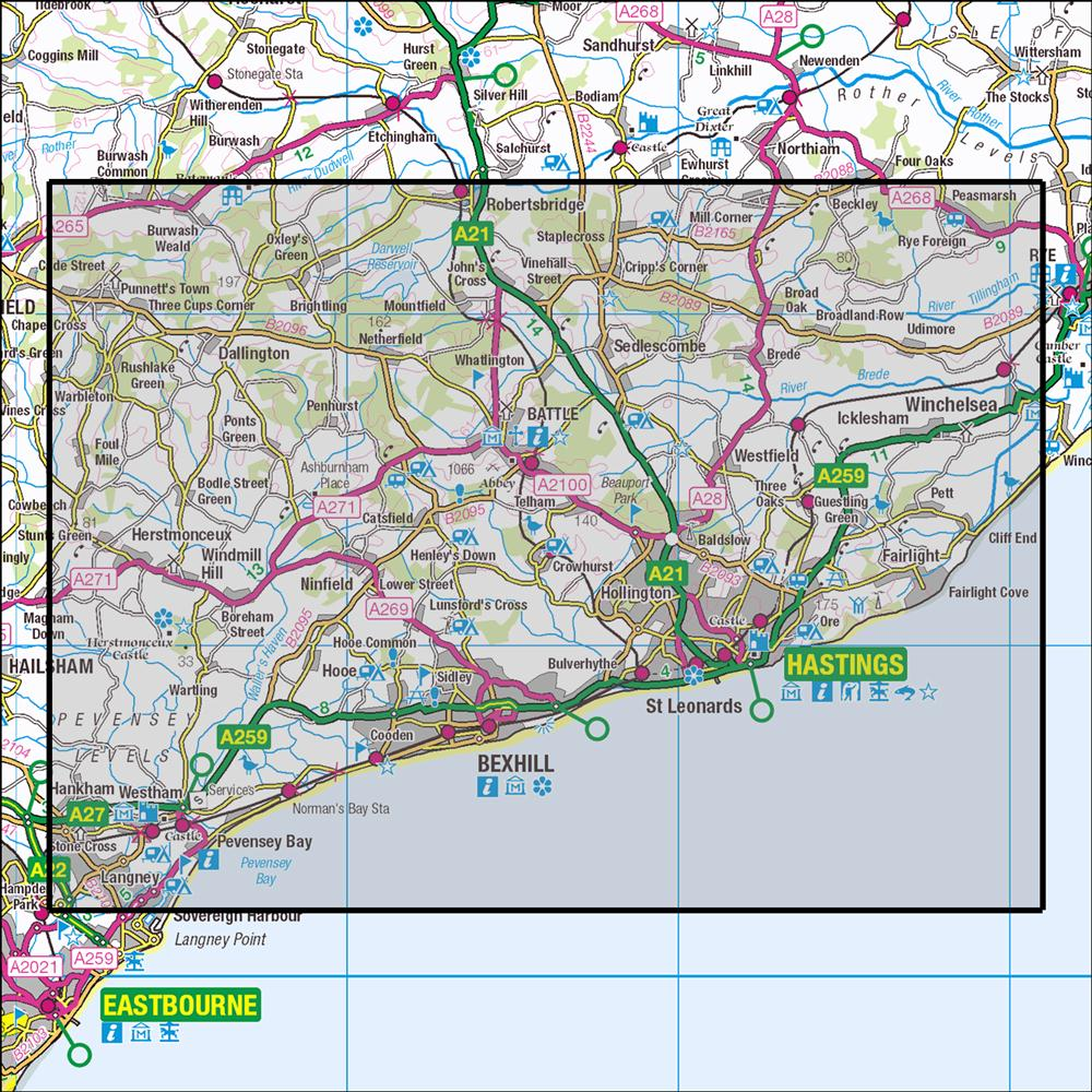 Outdoor Map Navigator image showing the area of the 1:25,000 scale Ordnance Survey Explorer map 124 Hastings & Bexhill