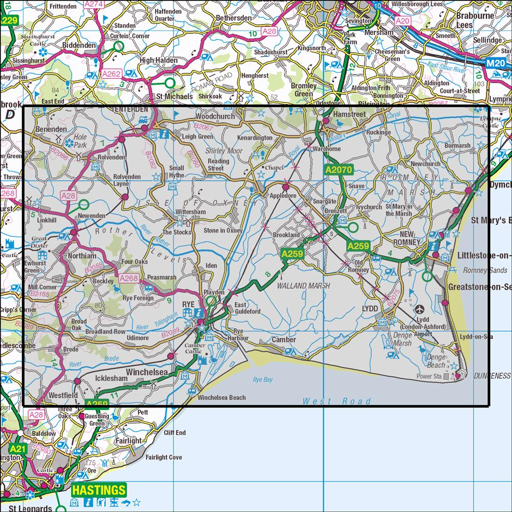 Outdoor Map Navigator image showing the area of the 1:25,000 scale Ordnance Survey Explorer map 125 Romney Marsh, Rye & Winchelsea