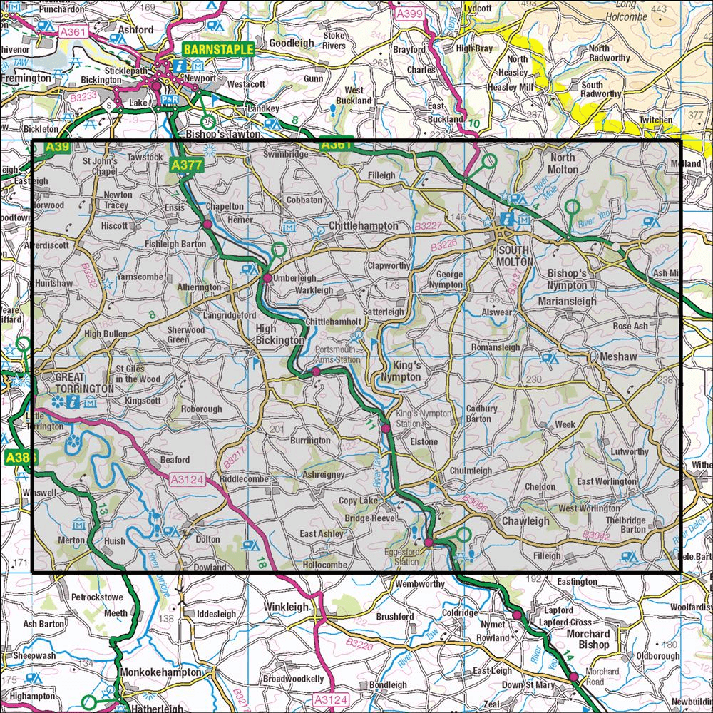 Outdoor Map Navigator image showing the area of the 1:25,000 scale Ordnance Survey Explorer map 127 South Molton & Chulmleigh