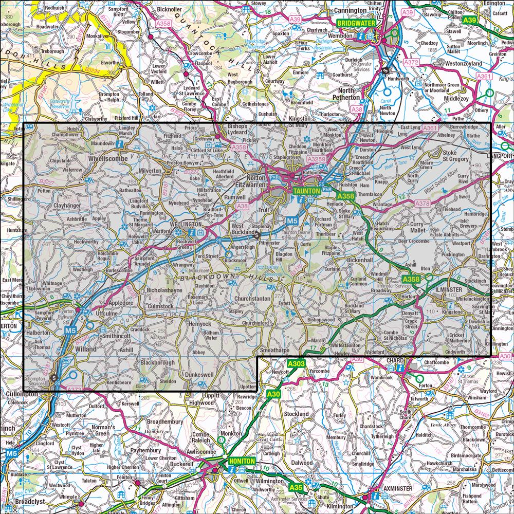 Outdoor Map Navigator image showing the area of the 1:25,000 scale Ordnance Survey Explorer map 128 Taunton & Blackdown Hills