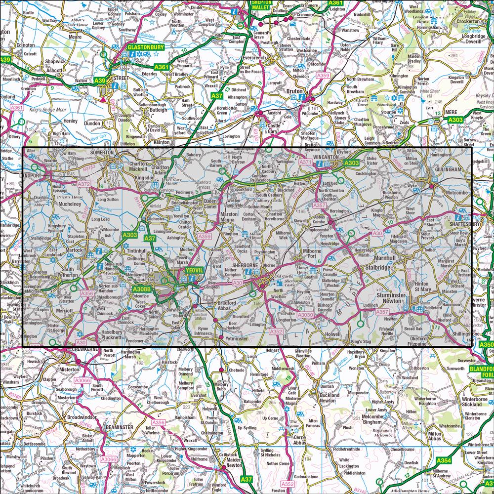 Outdoor Map Navigator image showing the area of the 1:25,000 scale Ordnance Survey Explorer map 129 Yeovil & Sherborne