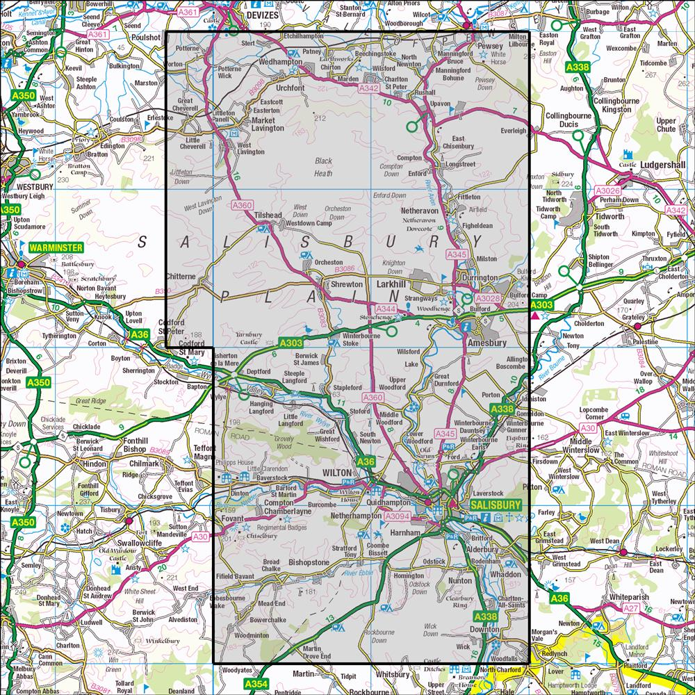 Outdoor Map Navigator image showing the area of the 1:25,000 scale Ordnance Survey Explorer map 130 Salisbury & Stonehenge
