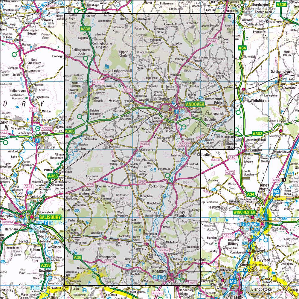 Outdoor Map Navigator image showing the area of the 1:25,000 scale Ordnance Survey Explorer map 131 Romsey, Andover & Test Valley
