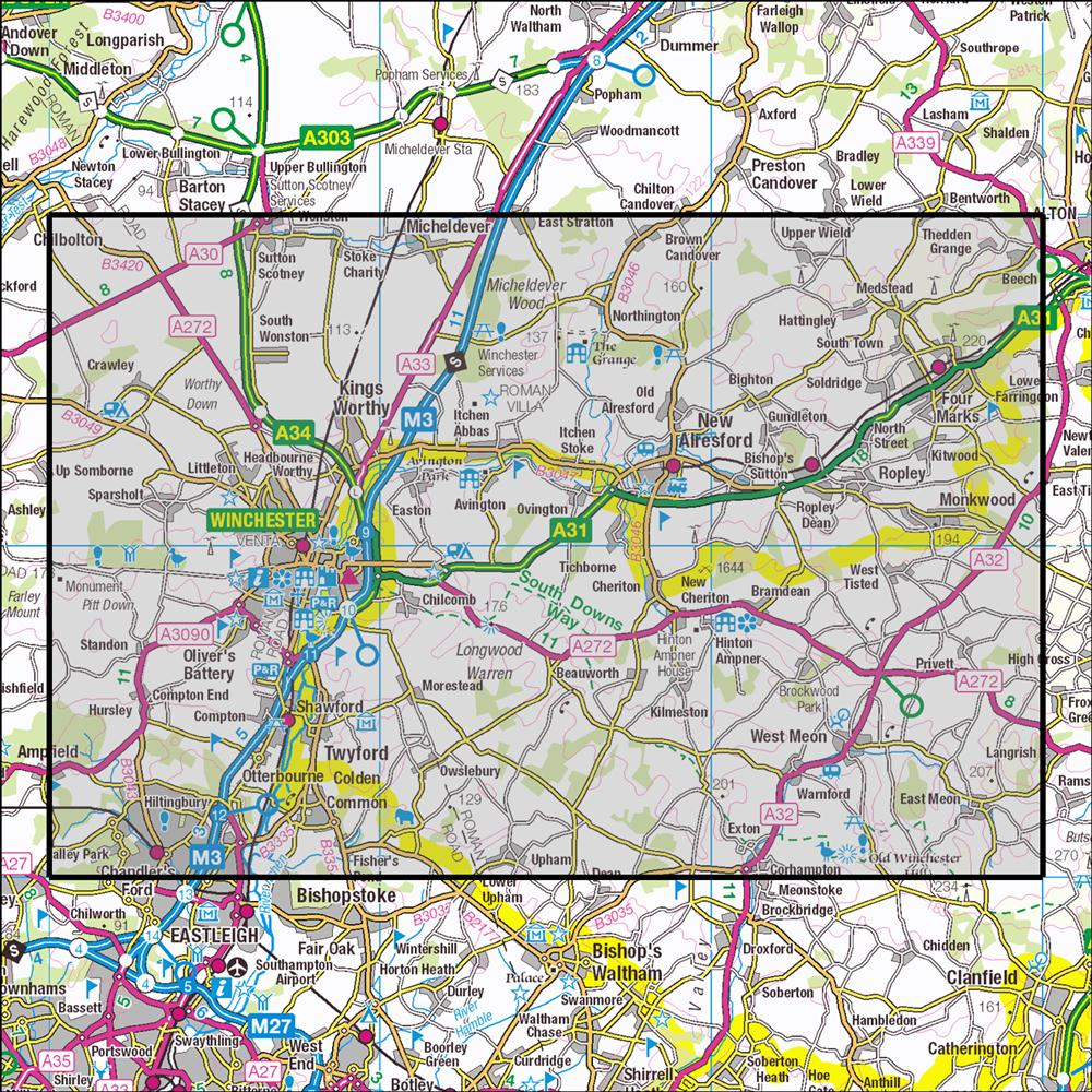 Outdoor Map Navigator image showing the area of the 1:25,000 scale Ordnance Survey Explorer map 132 Winchester, New Alresford & East Meon