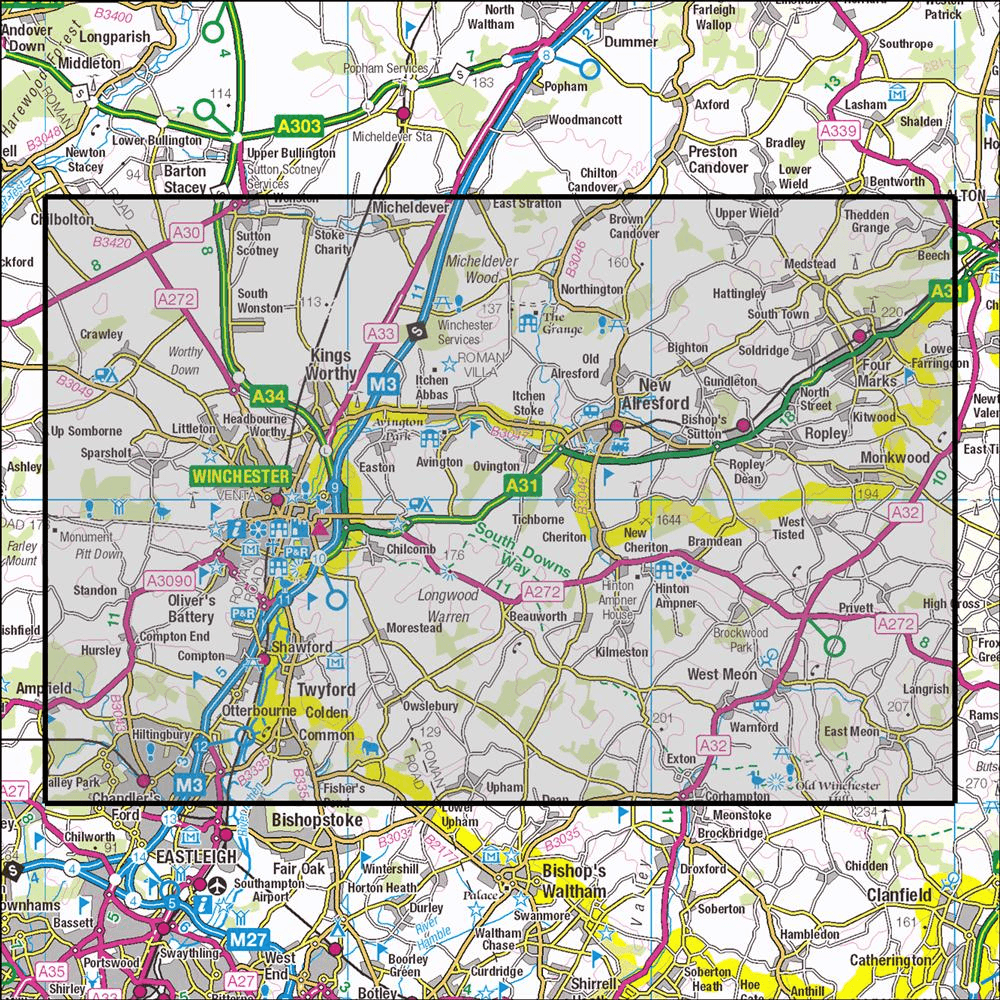 Outdoor Map Navigator image showing the area of the 1:25,000 scale Ordnance Survey Explorer map 132 Winchester, New Alresford & East Meon