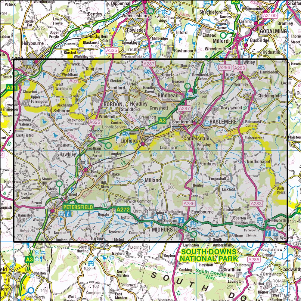 Outdoor Map Navigator image showing the area of the 1:25,000 scale Ordnance Survey Explorer map 133 Haslemere & Petersfield