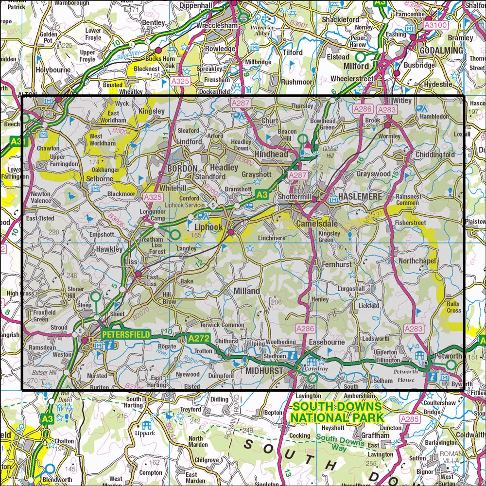 Outdoor Map Navigator image showing the area of the 1:25,000 scale Ordnance Survey Explorer map 133 Haslemere & Petersfield