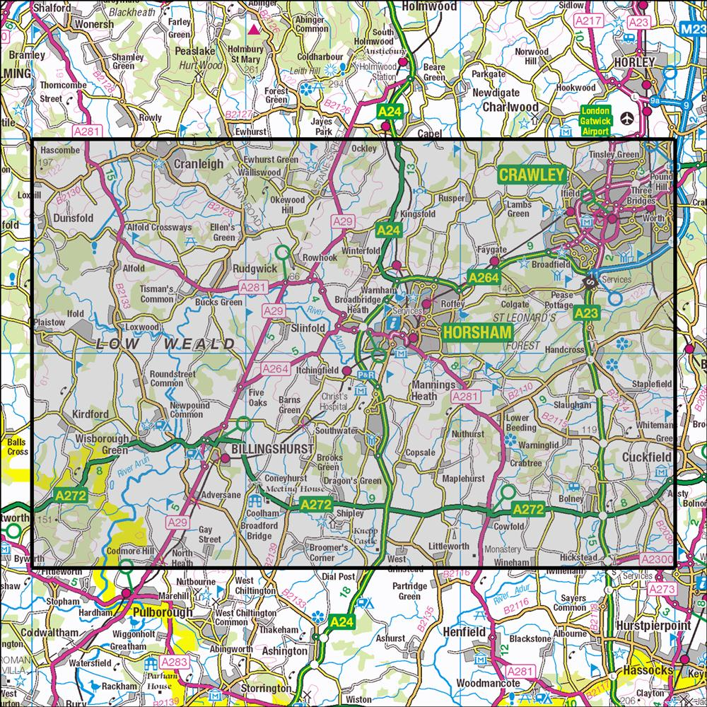 Outdoor Map Navigator image showing the area of the 1:25,000 scale Ordnance Survey Explorer map 134 Crawley & Horsham