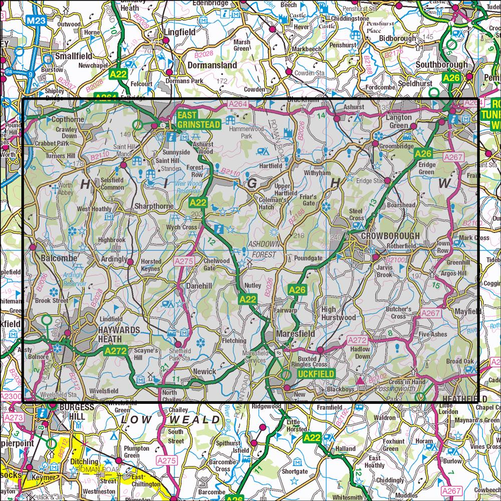 Outdoor Map Navigator image showing the area of the 1:25,000 scale Ordnance Survey Explorer map 135 Ashdown Forest