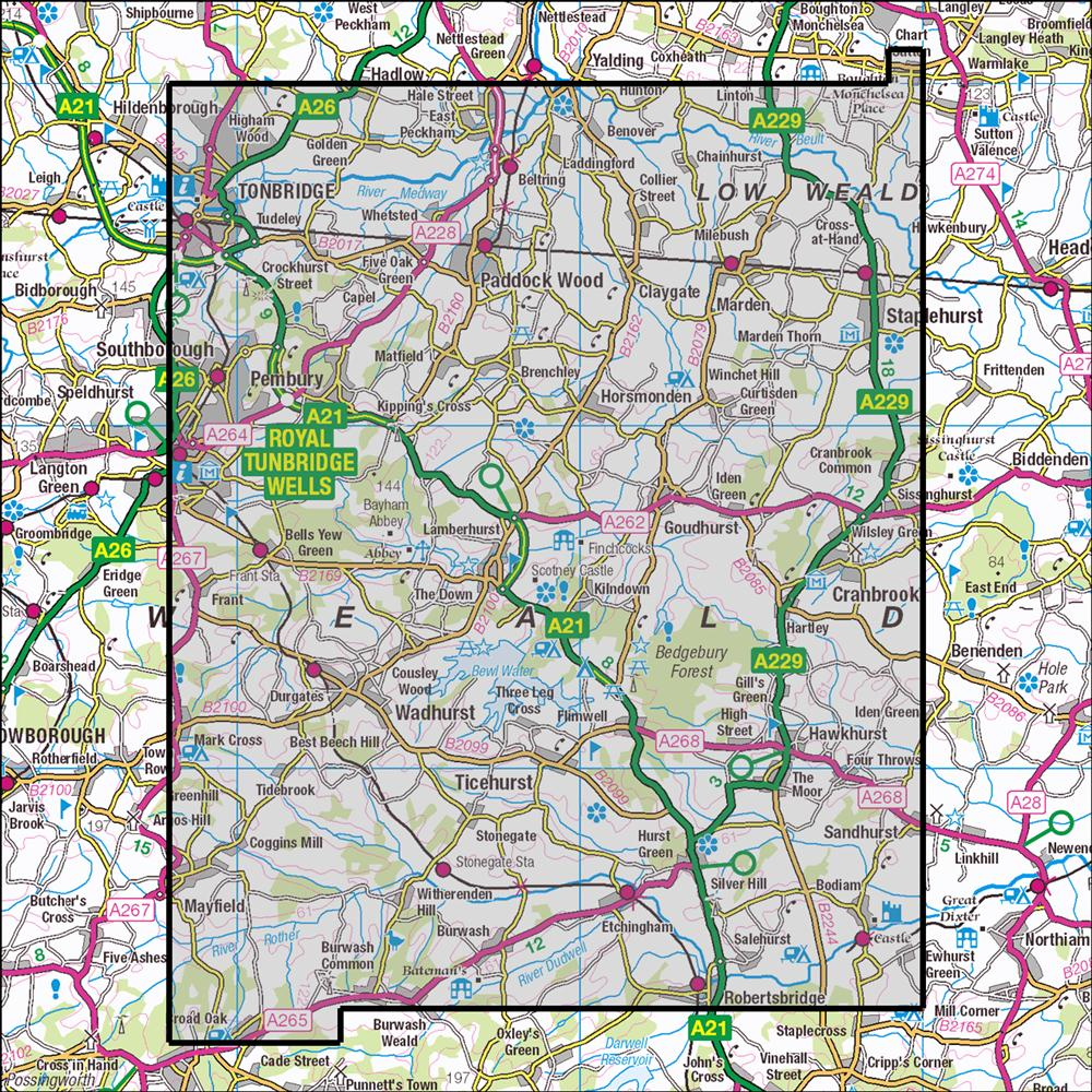 Outdoor Map Navigator image showing the area of the 1:25,000 scale Ordnance Survey Explorer map 136 High Weald