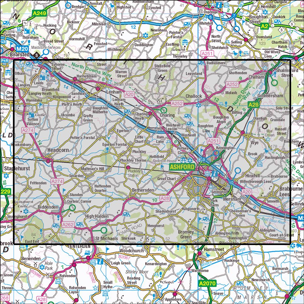 Outdoor Map Navigator image showing the area of the 1:25,000 scale Ordnance Survey Explorer map 137 Ashford