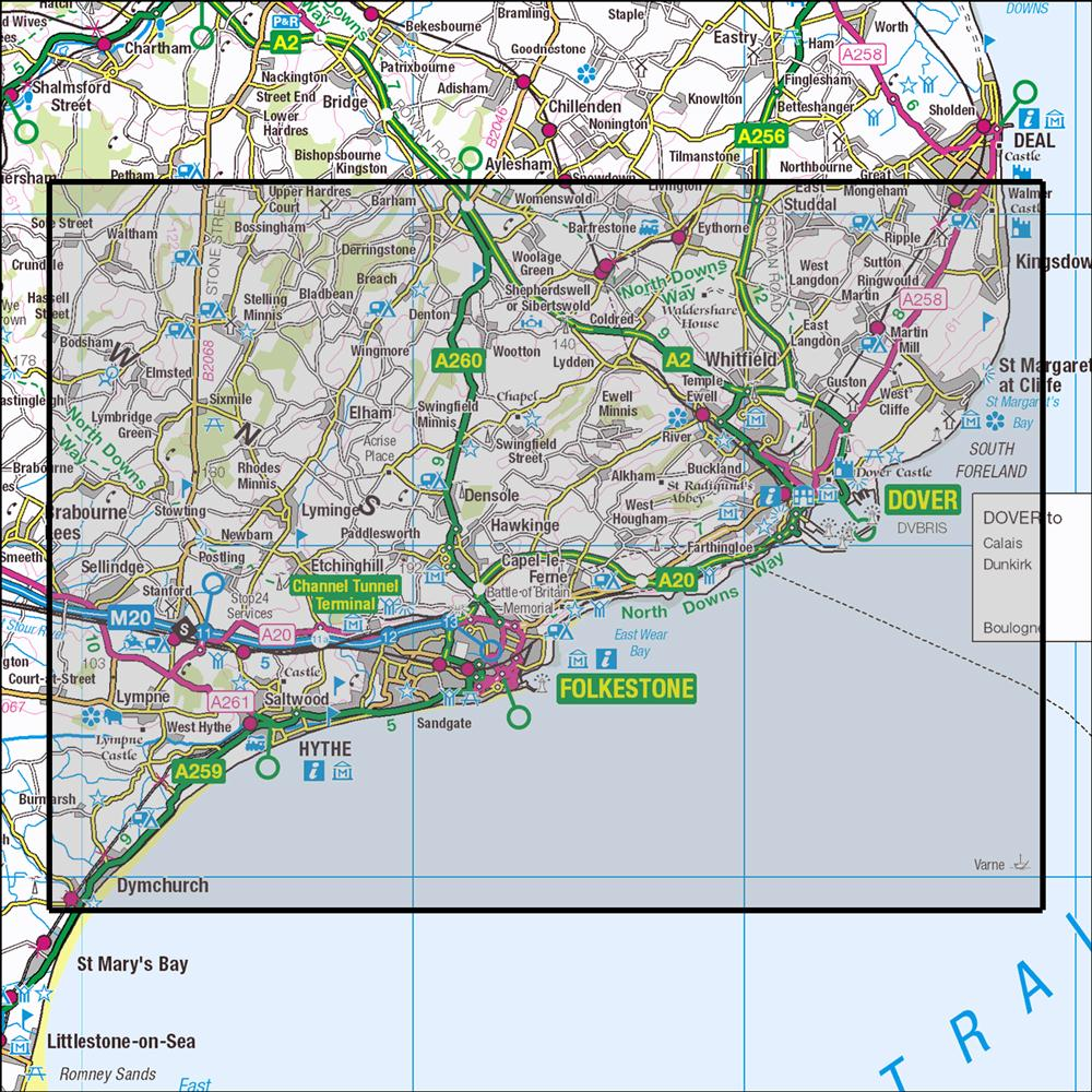 Outdoor Map Navigator image showing the area of the 1:25,000 scale Ordnance Survey Explorer map 138 Dover, Folkestone & Hythe