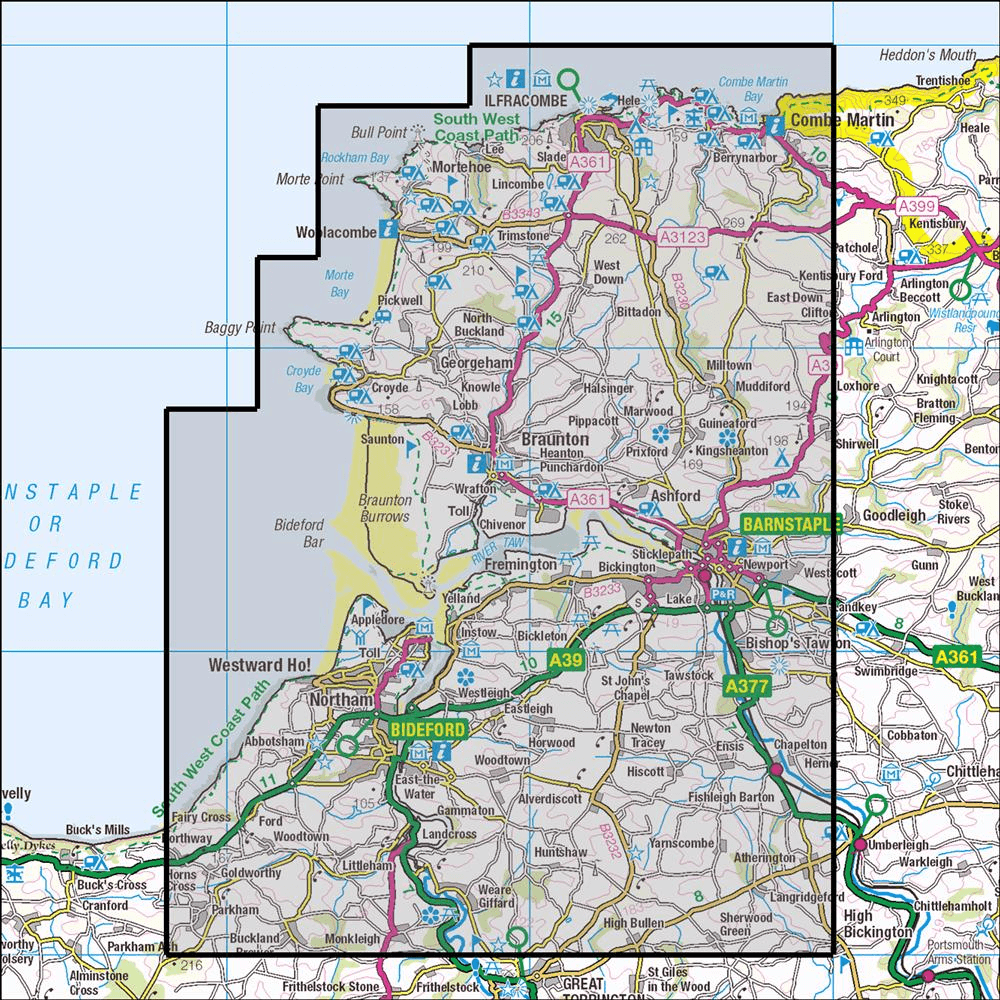 Outdoor Map Navigator image showing the area of the 1:25,000 scale Ordnance Survey Explorer map 139 Bideford, Ilfracombe & Barnstaple