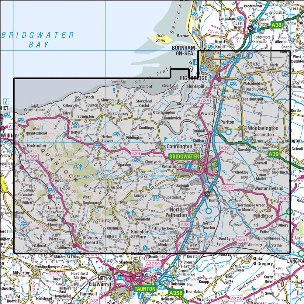 Outdoor Map Navigator image showing the area of the 1:25,000 scale Ordnance Survey Explorer map 140 Quantock Hills & Bridgwater