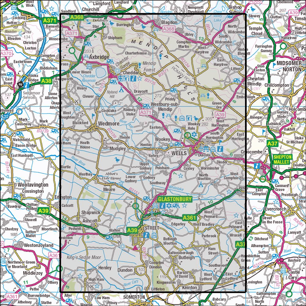 Outdoor Map Navigator image showing the area of the 1:25,000 scale Ordnance Survey Explorer map 141 Cheddar Gorge & Mendip Hills West