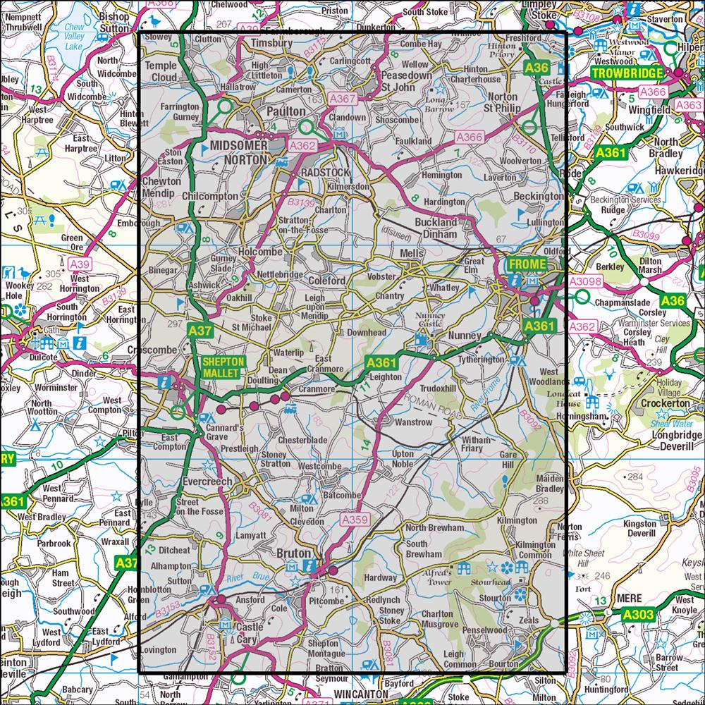 Outdoor Map Navigator image showing the area of the 1:25,000 scale Ordnance Survey Explorer map 142 Shepton Mallet & Mendip Hills East
