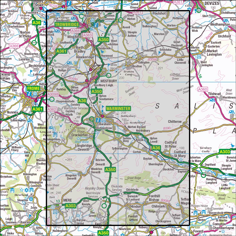 Outdoor Map Navigator image showing the area of the 1:25,000 scale Ordnance Survey Explorer map 143 Warminster & Trowbridge