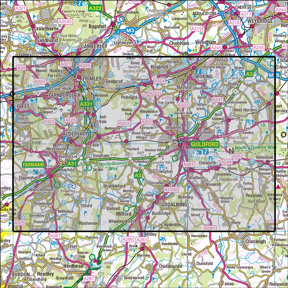 Outdoor Map Navigator image showing the area of the 1:25,000 scale Ordnance Survey Explorer map 145 Guildford & Farnham
